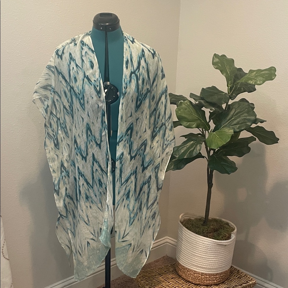 Sheer Blue Teal Wave-Print Kimono